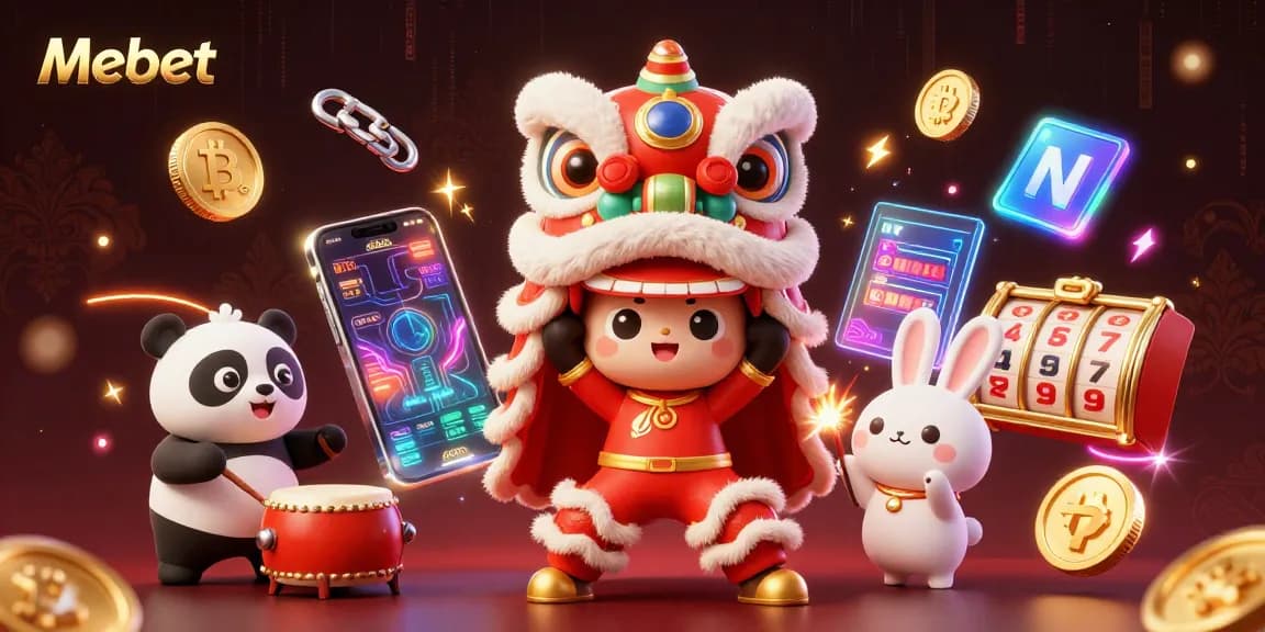 Mebet features a lively casino scene with a lion dance, drumming panda, and dynamic game elements.