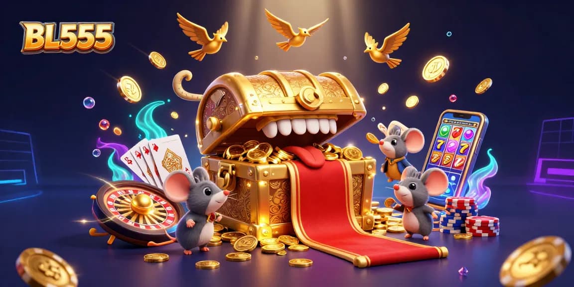 Engaging adventurer mice gather around a golden treasure chest at BL555 casino, surrounded by vibrant gaming elements.