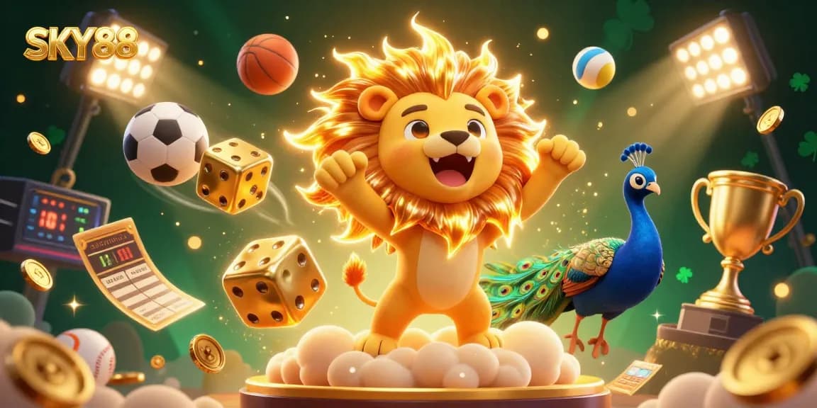 SKY88 showcases thrilling sports betting action with a vibrant 3D lion and golden dice.