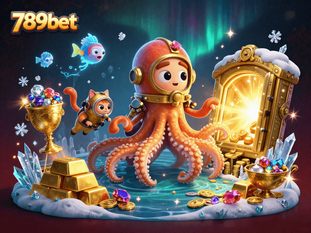 Experience the thrilling adventure of 789bet with a kraken and vintage diving cat in a treasure-filled casino.