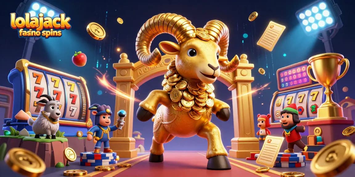 Lolajack casino free spins show a golden ram charging through slot reels and coins, creating excitement.
