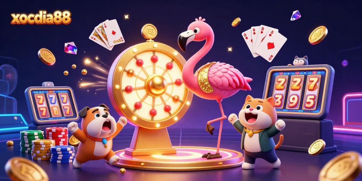 Xocdia88 shows an animated flamingo spinning a prize wheel with gems and coins flying around.