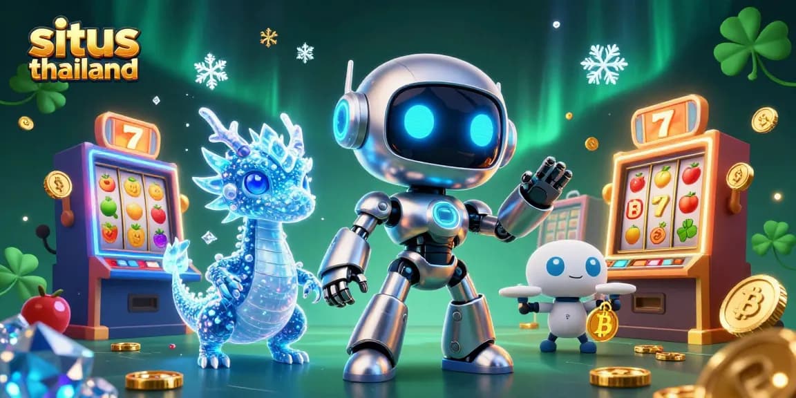 Spin the reels at situs thailand with a vibrant cyberpunk scene featuring digital characters and slot machines.