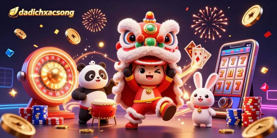 Dive into daidichxacsong with a vibrant scene of characters amidst casino magic, winning coins, and spinning reels.