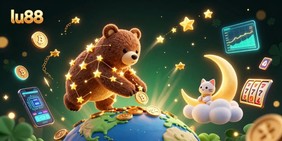 Spin to win with lu88, featuring rich 3D casino illustrations of constellations and coins.