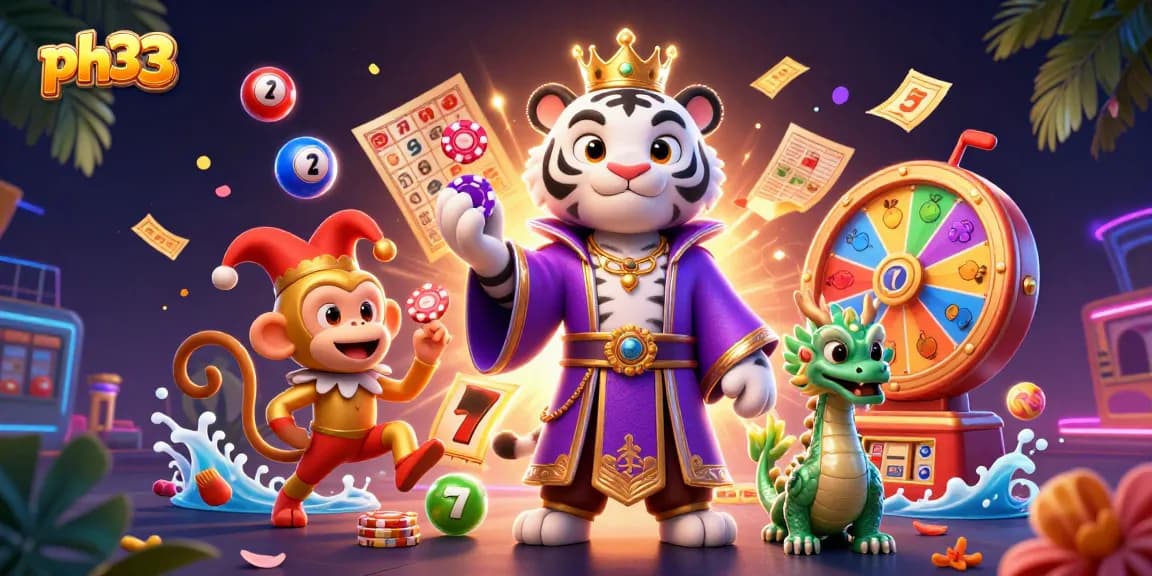 Experience vibrant casino action with 3D characters celebrating at ph33, showcasing slot reels and lively gameplay.
