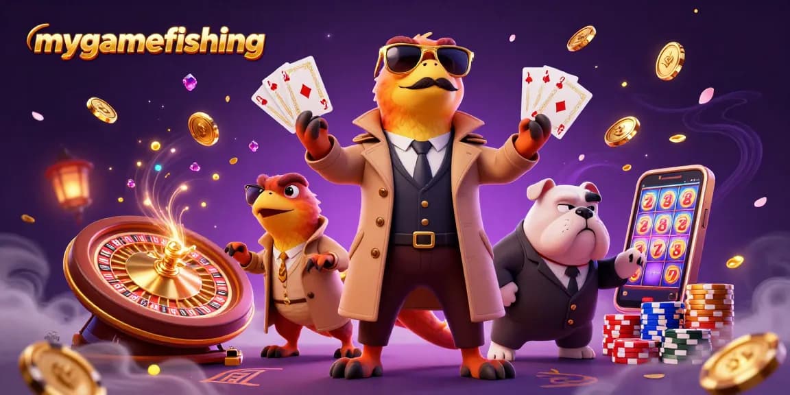 mygamefishing characters navigating a casino scene, showcasing vibrant games and interactive elements.