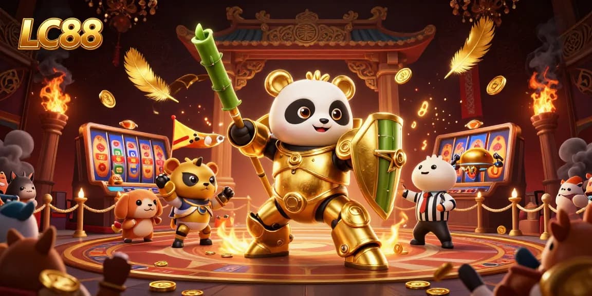Enjoy thrilling games at LC88 casino, featuring dynamic 3D illustration of a golden panda in action.