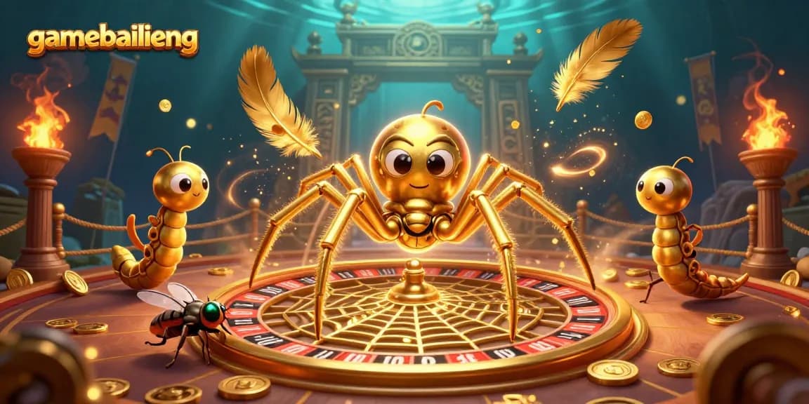 Experience excitement with gamebailieng as a golden spider spins a roulette web with gold coins.