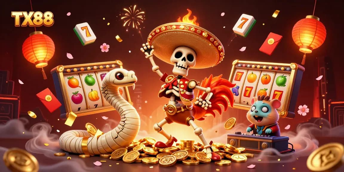TX88 slots scene with a skeleton mariachi rooster, mummy snake, and zombie DJ celebrating a jackpot.