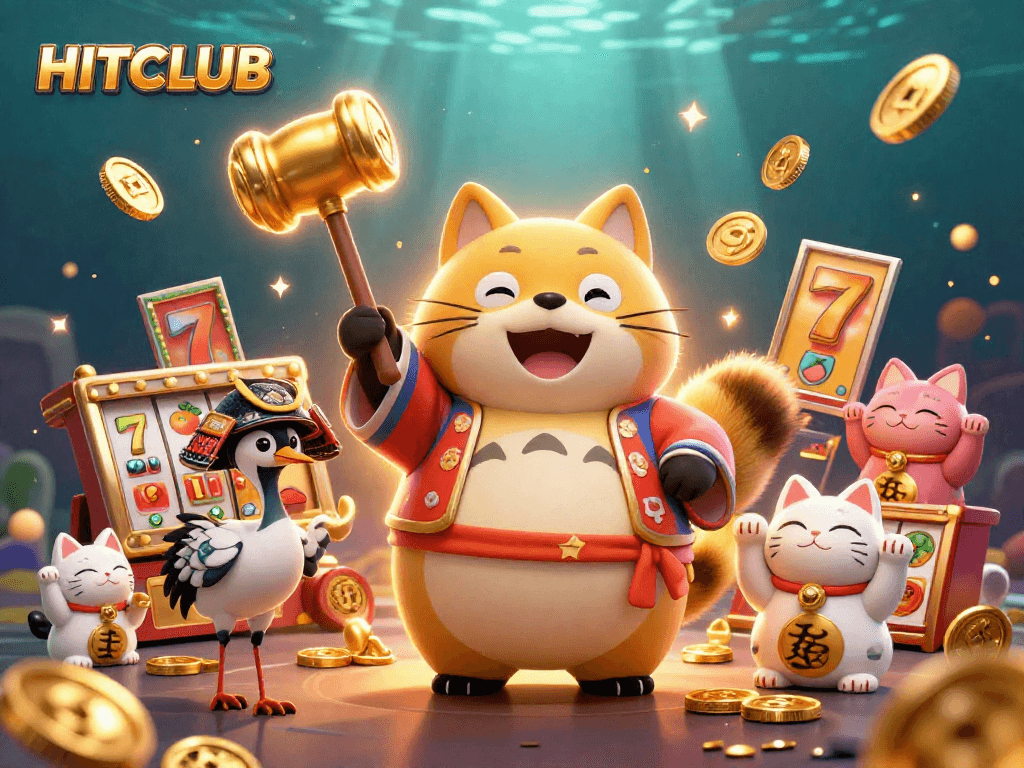 Experience the thrill of HITCLUB with dynamic 3D casino illustration featuring slot reels and fortune cats.
