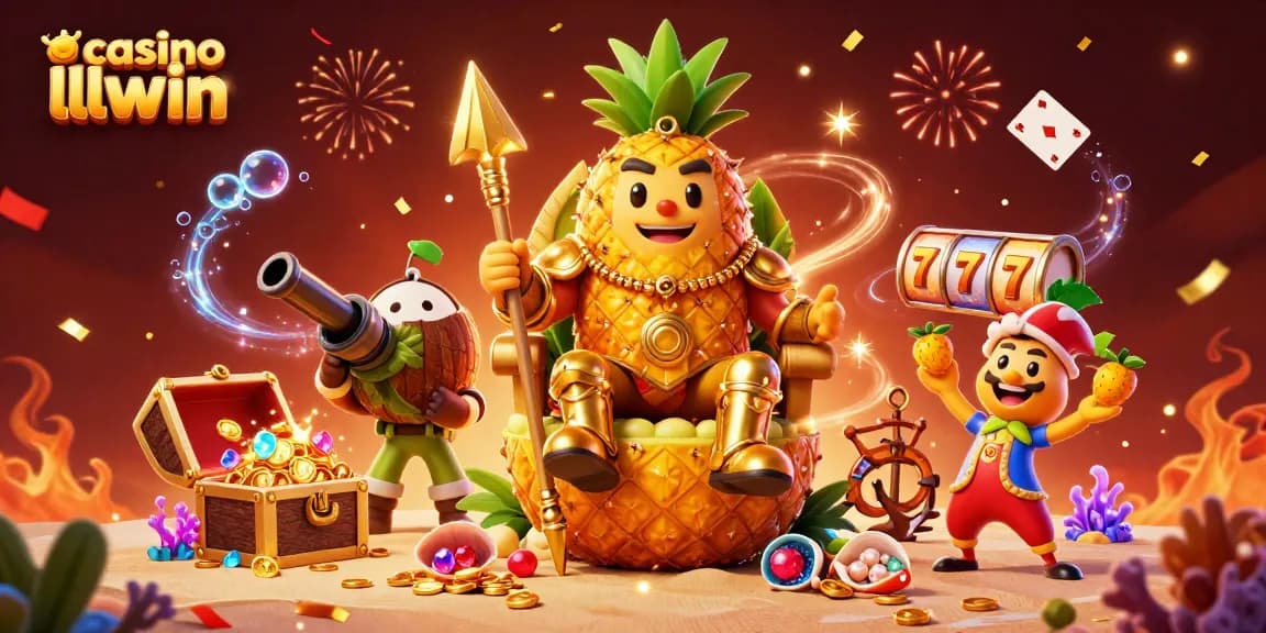 Engage in the lively casino llwin atmosphere, featuring a golden pineapple king and vibrant gaming elements.
