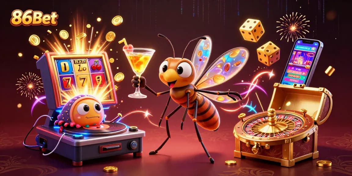 Spin to win with 86Bet at a lively casino featuring a vibrant cocktail and fun characters.