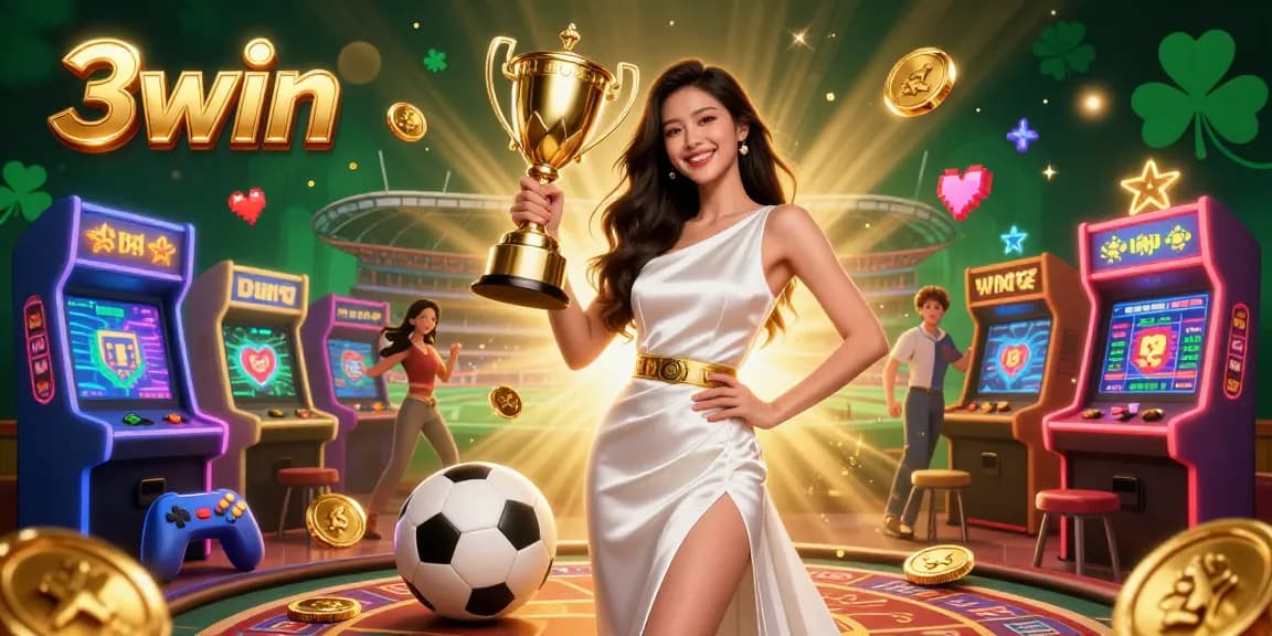 Win big with 3win at the vibrant casino featuring a confident winner and dynamic gaming elements.