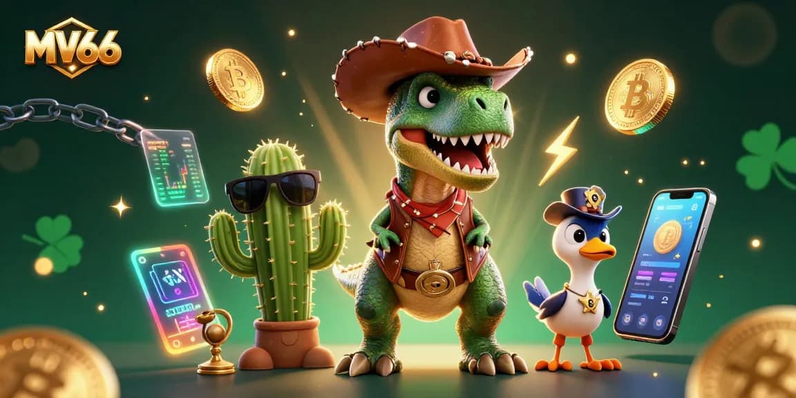 Engage in immersive gaming with MV66 featuring vibrant 3D characters and crypto elements.