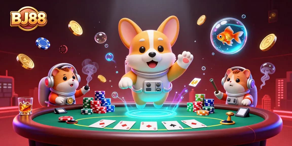 Experience the thrilling ambiance of BJ88 with a floating astronaut corgi and vibrant casino elements.