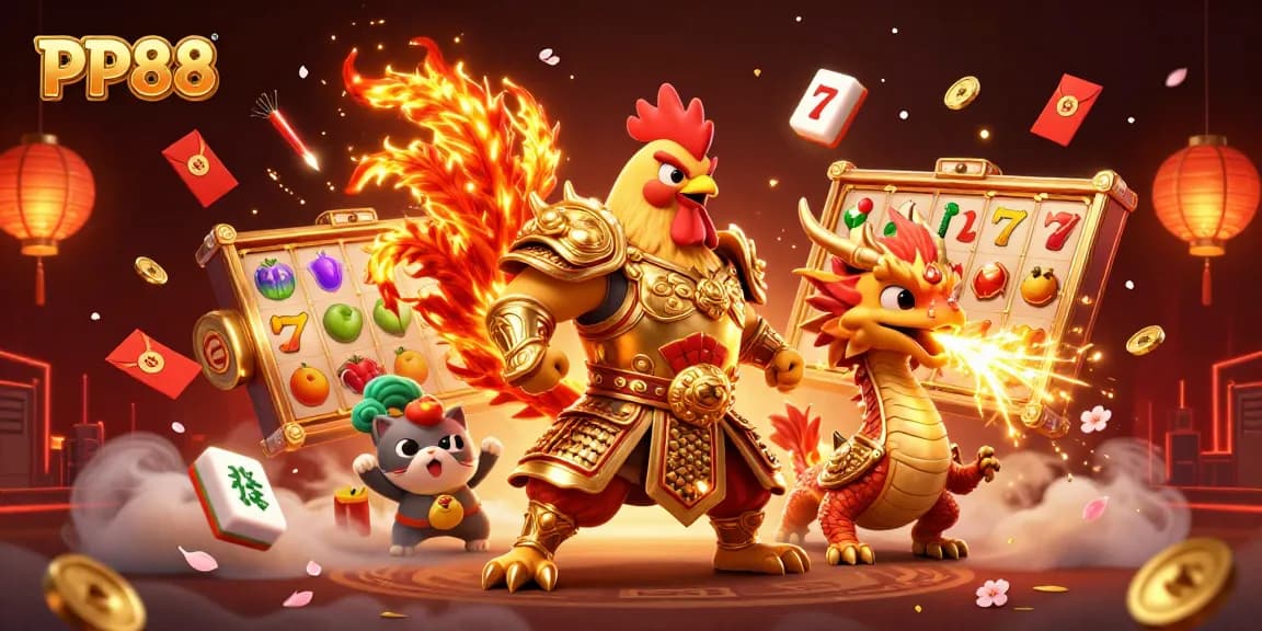 PP88 game illustration featuring a rooster warrior, dragon hatchling, and symbols of luck.