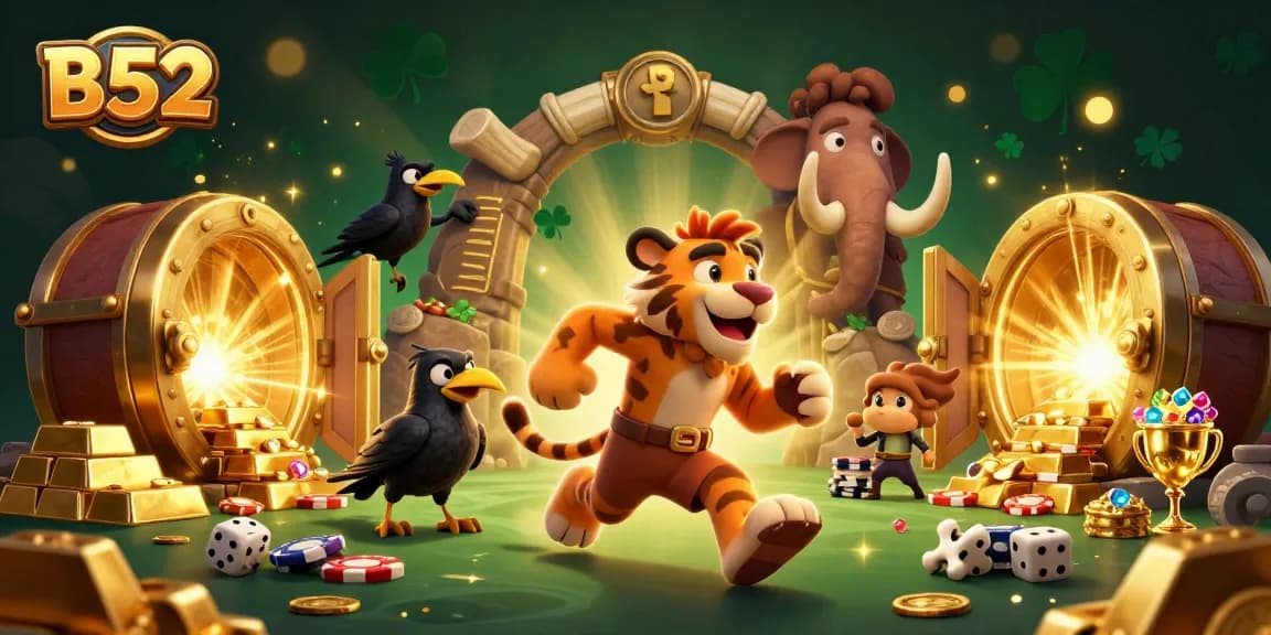 B52 players strategizing jackpots in a vibrant prehistoric casino scene filled with treasures.