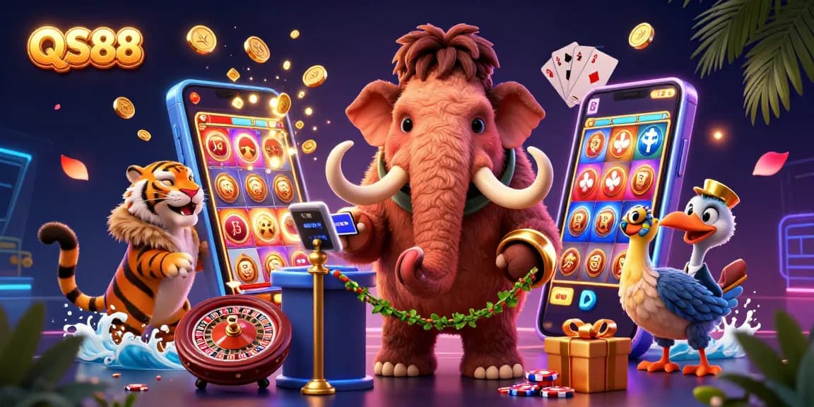 Experience thrilling games at QS88 with colorful slots, vibrant characters, and gaming elements.