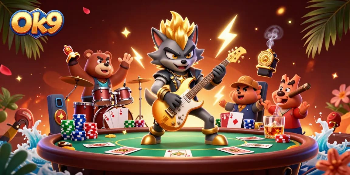 Experience the excitement of Ok9 as characters celebrate a thrilling poker game under dynamic casino lights.