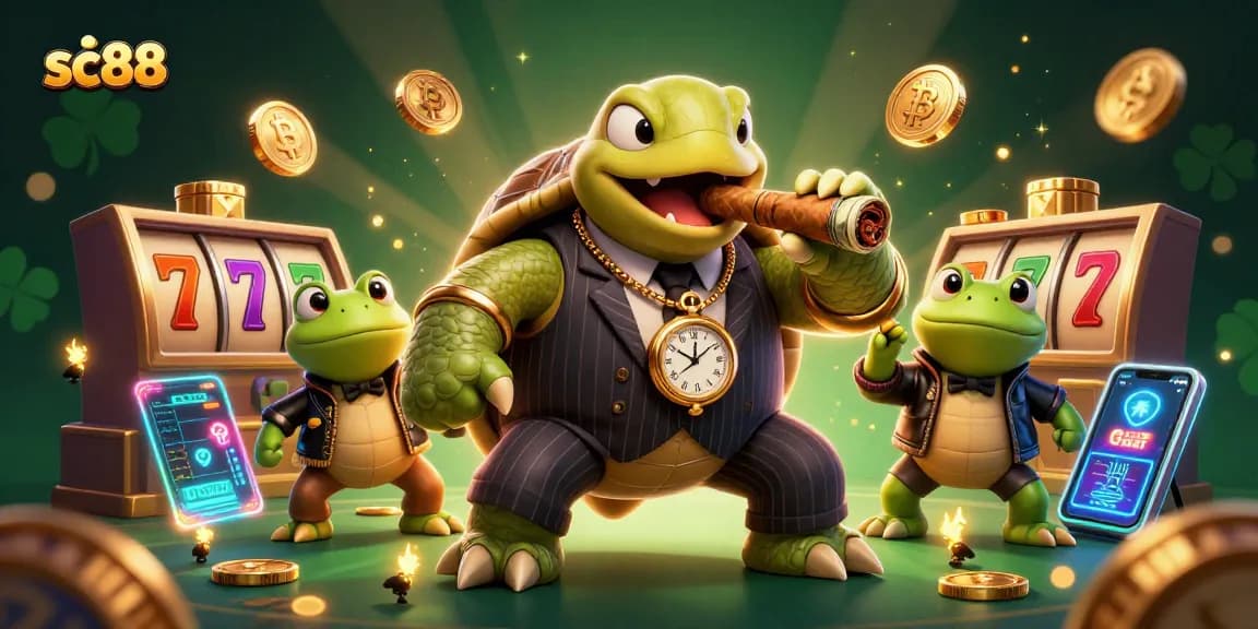 Spin the reels at sc88 with a 3D snapping turtle mobster and bullfrog enforcers amidst casino lights.