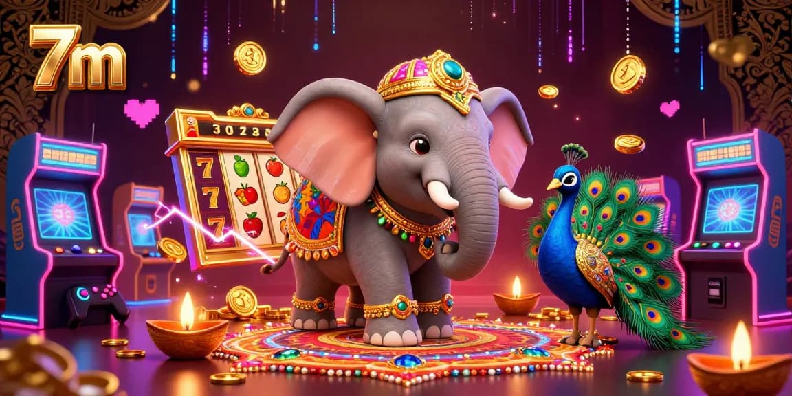 Experience the thrill of 7m casino slots with a vibrant and festive 3D illustration, featuring dynamic game elements.