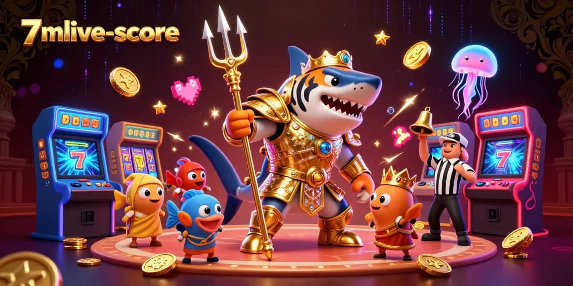 Experience thrilling gameplay with 7mlive-score as a fierce cartoon tiger shark leads the action in a vibrant casino scene.
