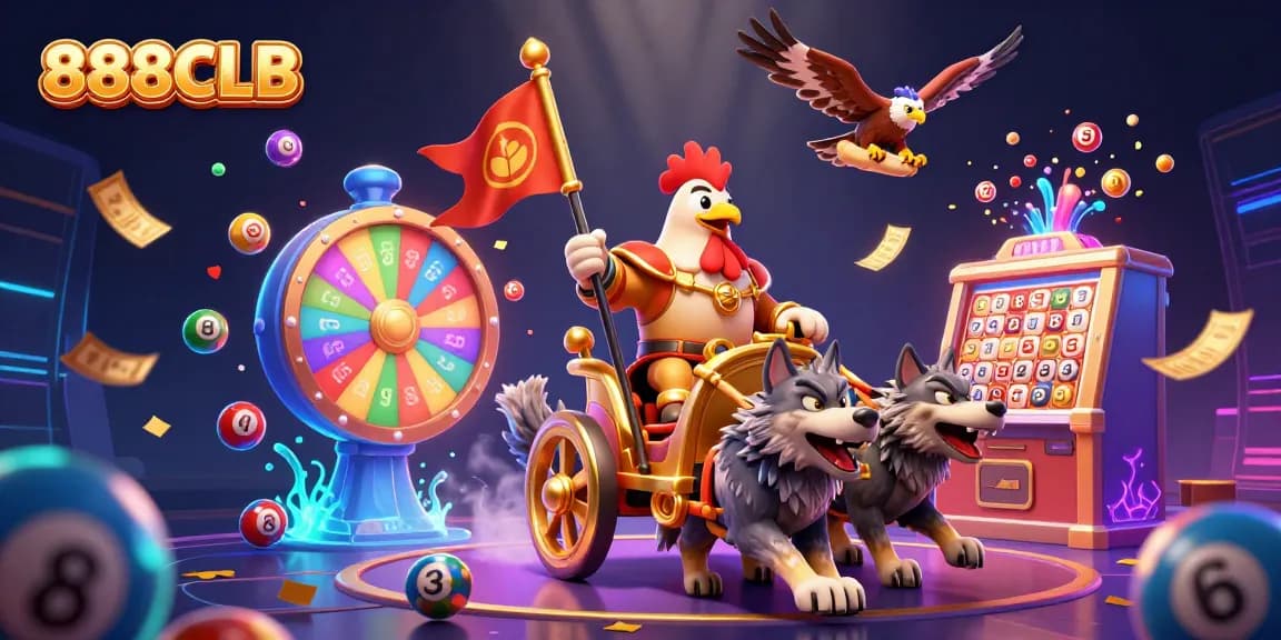 Experience exciting wins with 888CLB as the rooster warlord leads a dynamic gambling adventure.