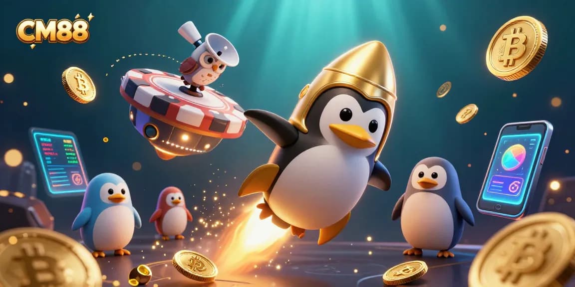 Experience the thrill of CM88 with golden penguins, casino elements, and crypto coins in a vibrant scene.