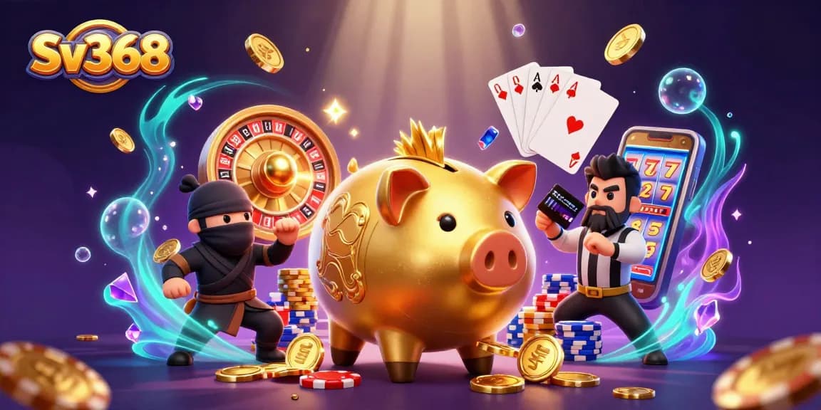 Sv368 features a sumo wrestler piggy bank amidst dynamic casino elements, showcasing an exciting gaming atmosphere.