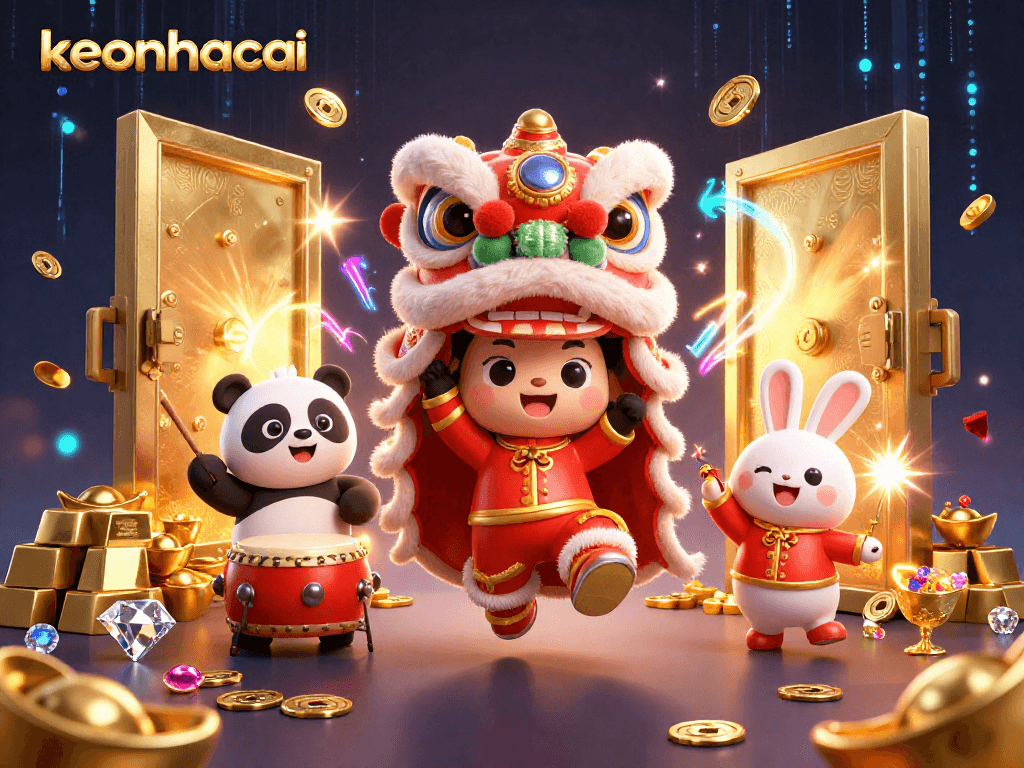 Experience the excitement of keonhacai gaming with vibrant Chinese New Year characters and treasure elements.