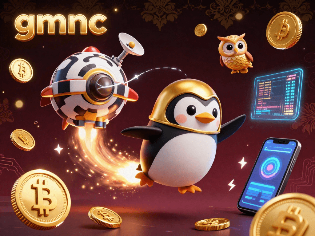 Experience dynamic gaming adventures with gmnc and a golden penguin in a vibrant casino space scene.