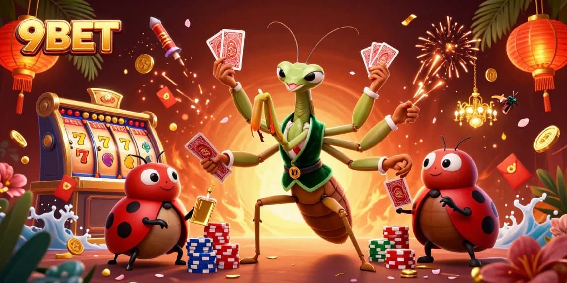 Engage with 9BET's exciting atmosphere featuring dynamic gambling elements and vibrant characters.