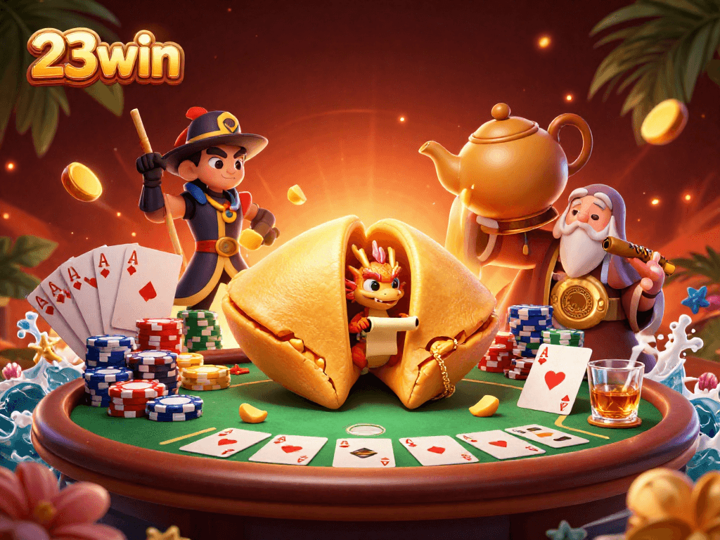 Engage in thrilling poker action and fortune with 23win's vibrant casino illustration.