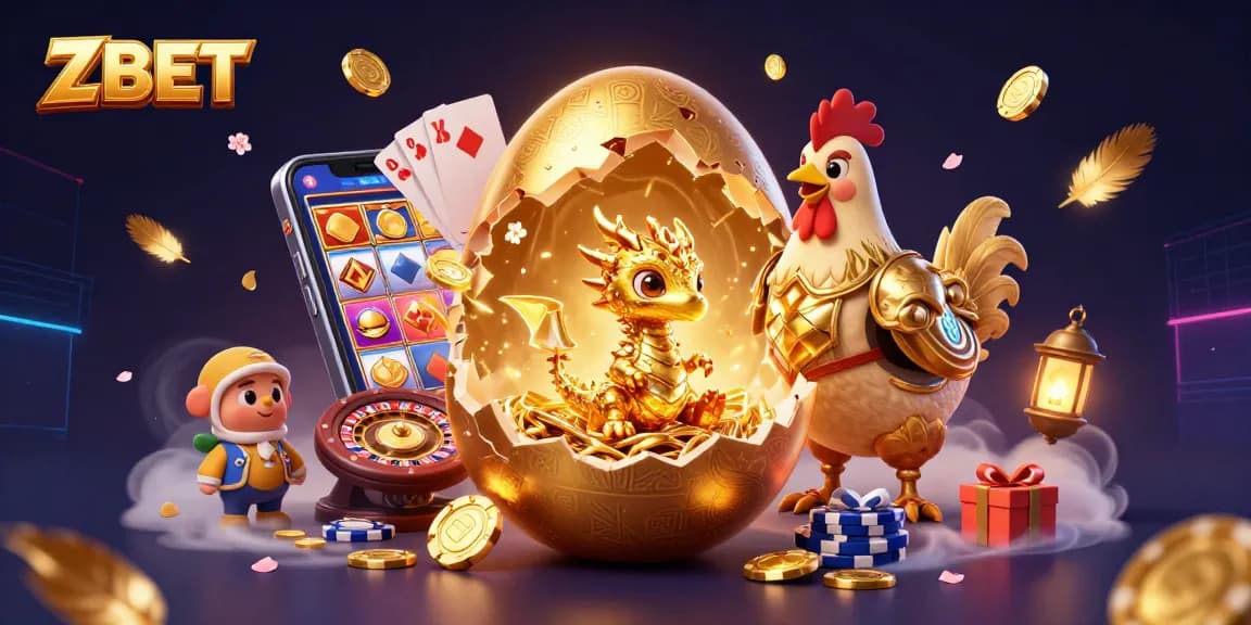 ZBET showcases a golden dragon and poker chips amidst vibrant casino elements in an engaging scene.