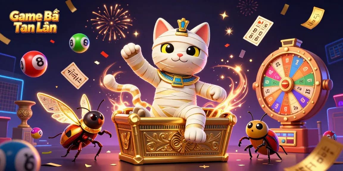 Engage in Game Bài Tiến Lên with a vibrant scene featuring a mummy cat and scarab in a casino atmosphere.