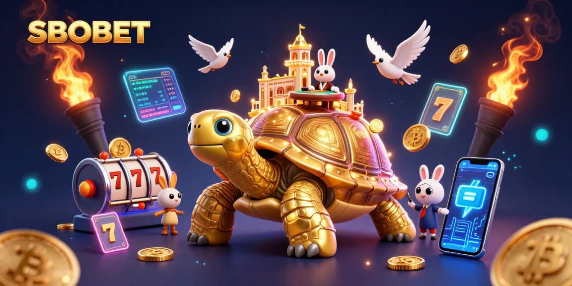 SBOBET offers thrilling slot experiences with golden tortoise and rabbit dealer among glowing coins and crypto.