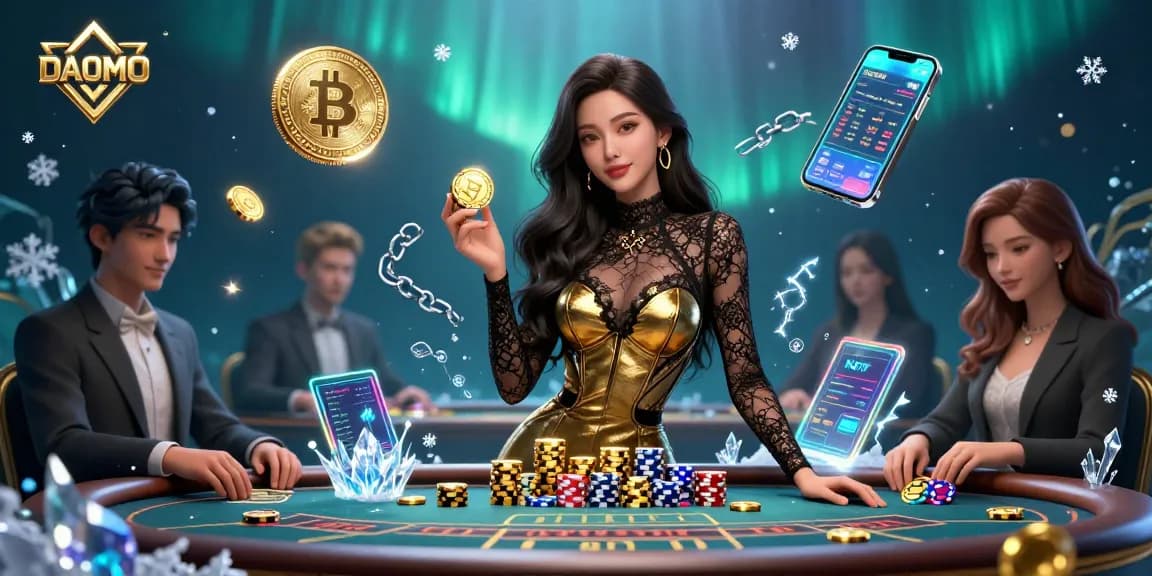 Engage with DAOMO at an exclusive baccarat table, surrounded by vibrant crypto elements.
