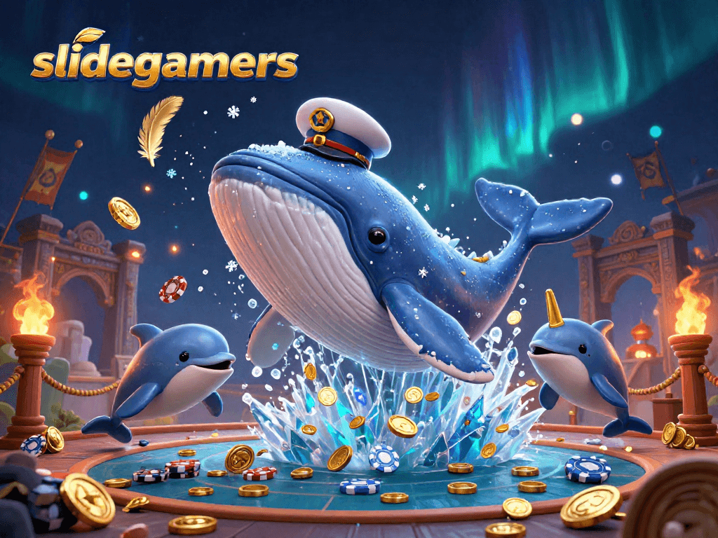 Engage in thrilling gameplay at slidegamers with a whale captain amidst a sea of gold coins.