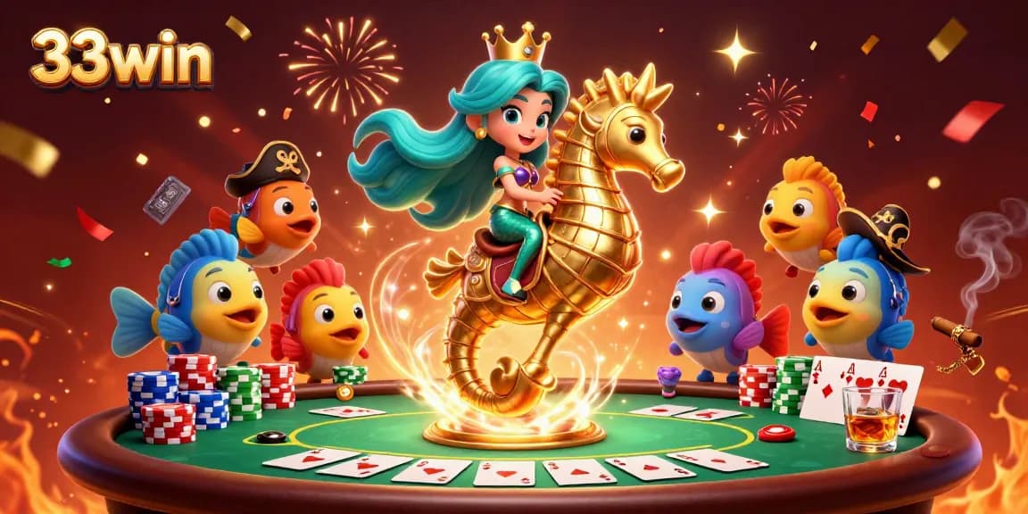 Engage in thrilling gameplay at 33win, with vibrant 3D casino elements in a colorful underwater scene.
