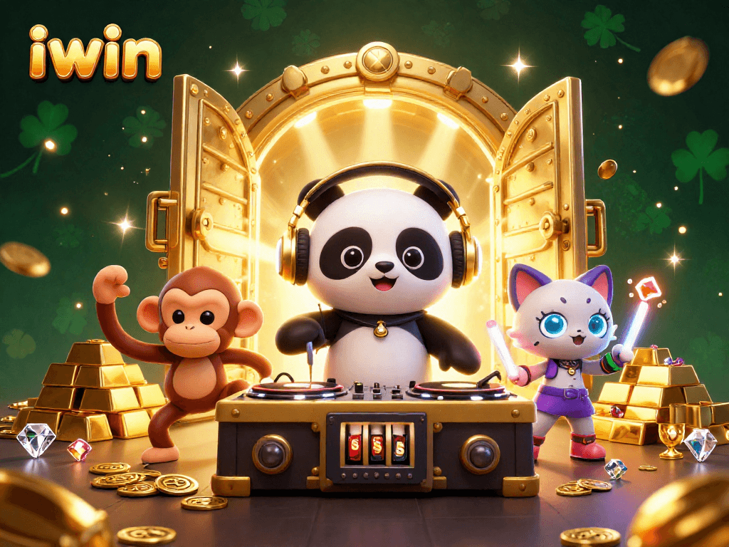 iwin-themed 3D illustration with a DJ panda spinning slots, monkeys dancing, and gems sparkling.