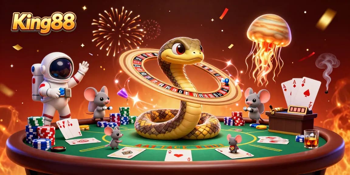 Experience thrilling bets at King88 with a cosmic-themed casino illustration featuring vibrant visuals.