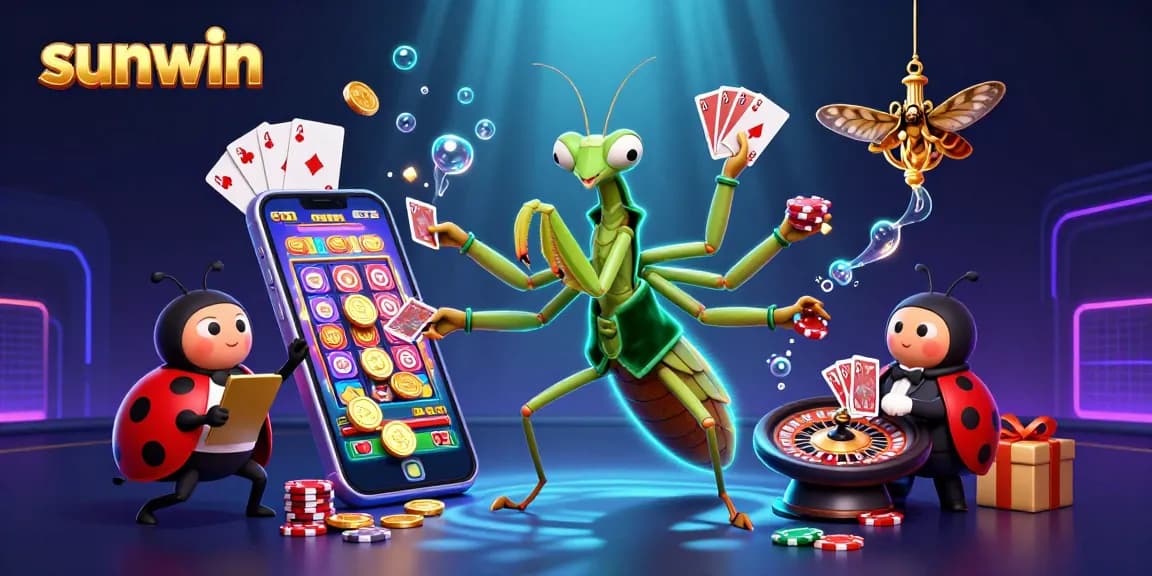 Experience thrilling gameplay with sunwin as a giant mantis card sharp deals cards and a ladybug pit boss oversees vibrant casino action.