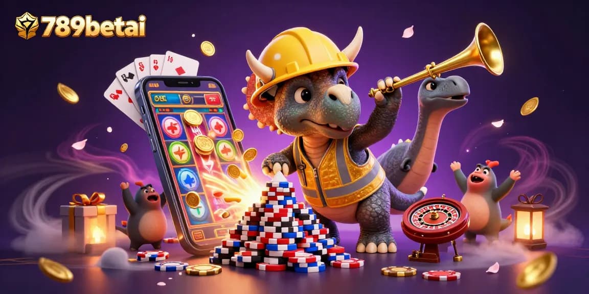 Join the excitement at 789betai, where a triceratops builds poker chip pyramids amidst vibrant casino elements.