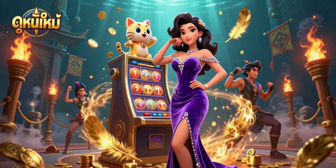 Play ดูหนังใหม่ while winning at the slot machine with jackpots, animated fortune cat, and dynamic casino elements.