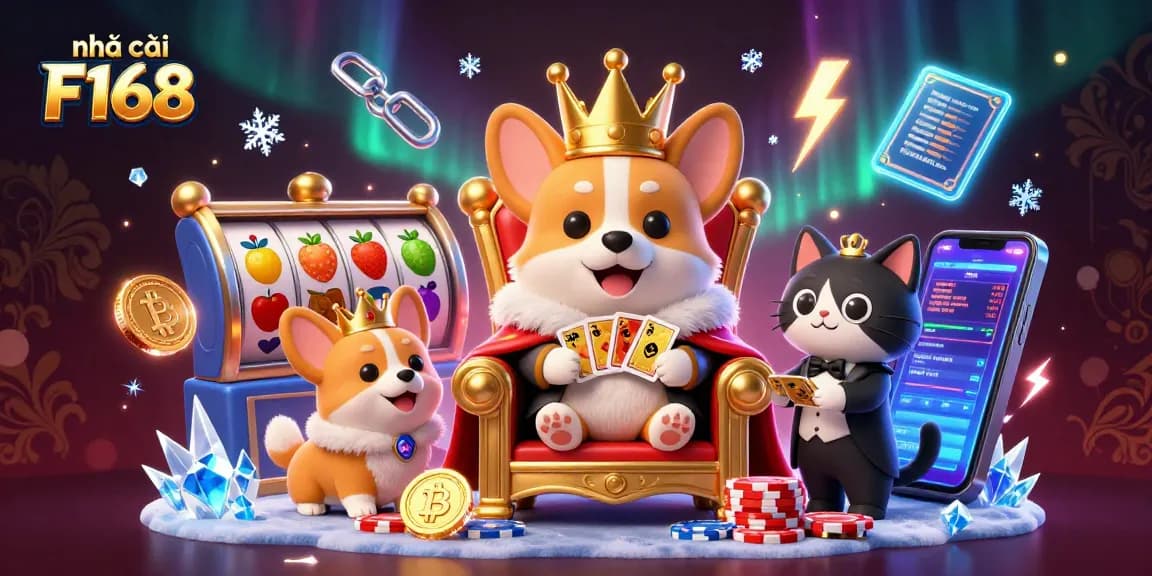 Experience gaming at nhà cái F168 with vibrant 3D illustration displaying corgis, crypto coins, and slot elements.
