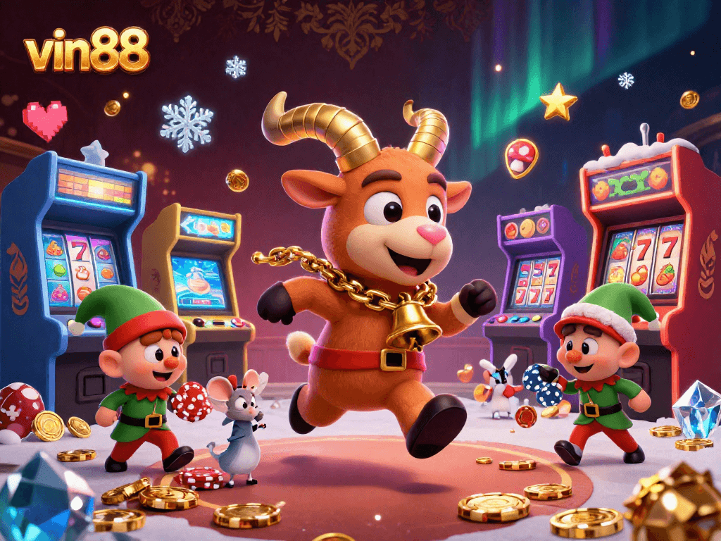 Experience vin88's thrilling holiday-horror casino scene with Krampus, angel mouse, and mischievous gremlins.