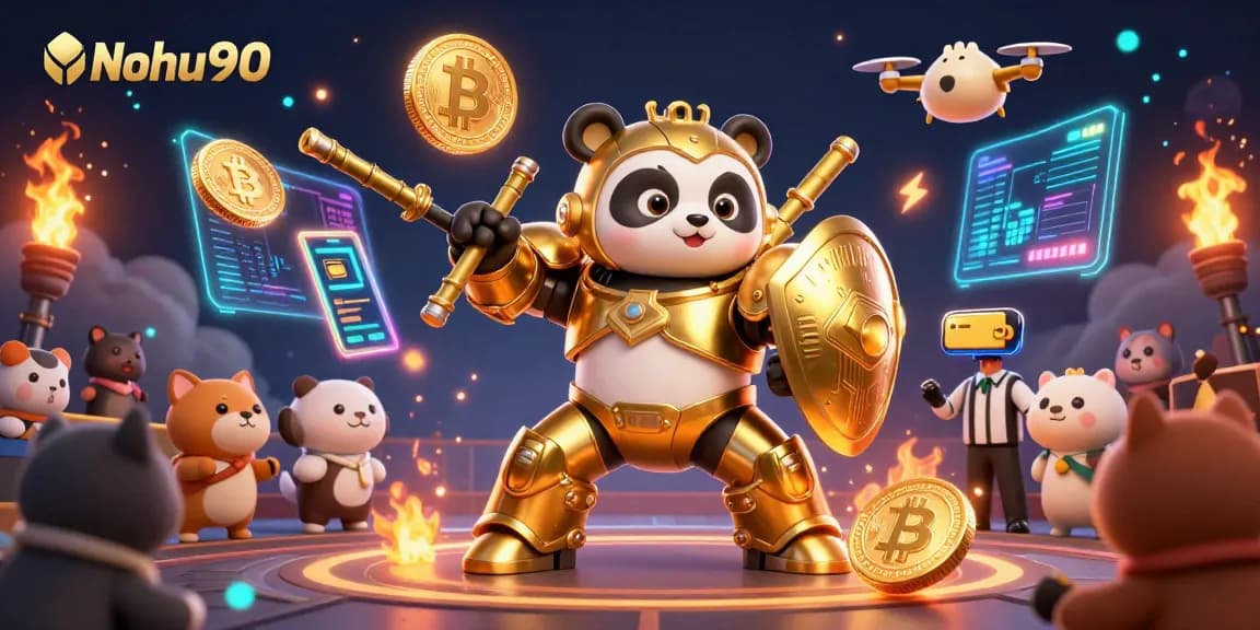 Nohu90 offers immersive gaming experiences with a 3D panda battling amidst vibrant slot elements.