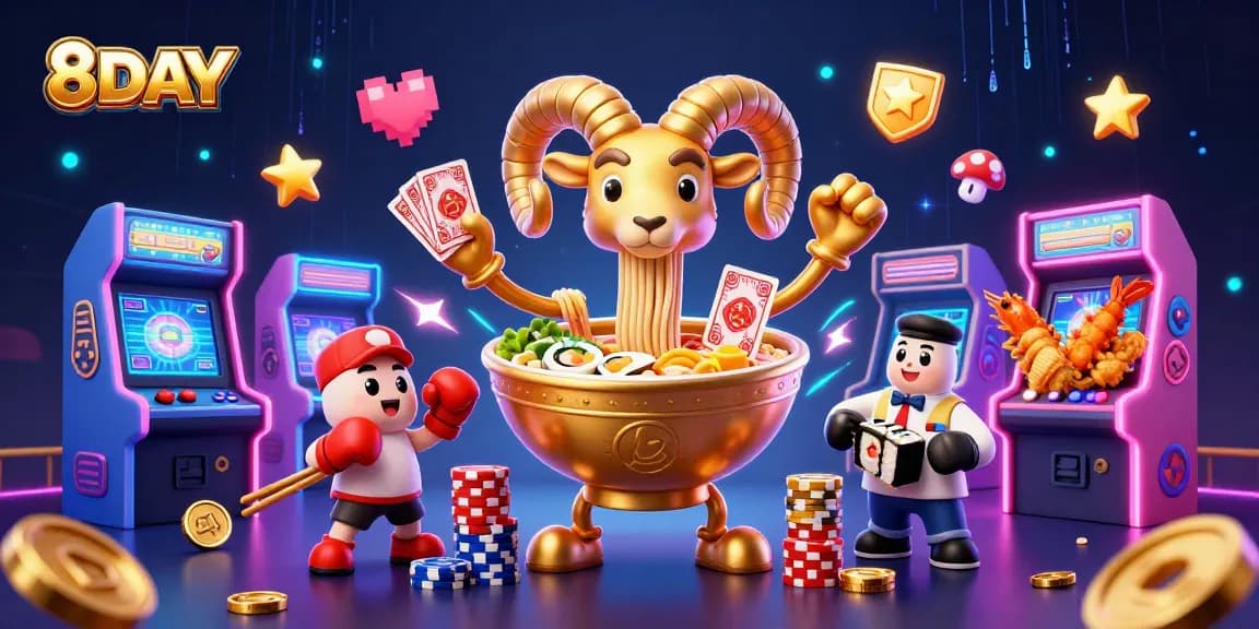Experience interactive gaming at 8DAY with a colorful, dynamic casino-themed illustration.