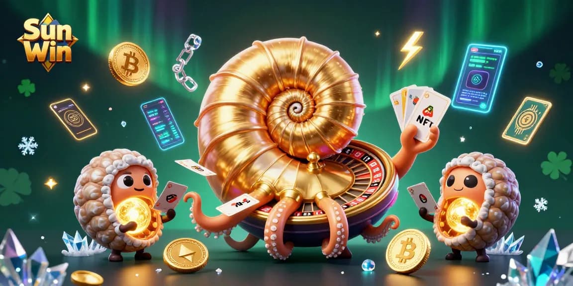 Engage with the vibrant world of Sun Win, featuring a nautilus roulette wheel and glowing cards.